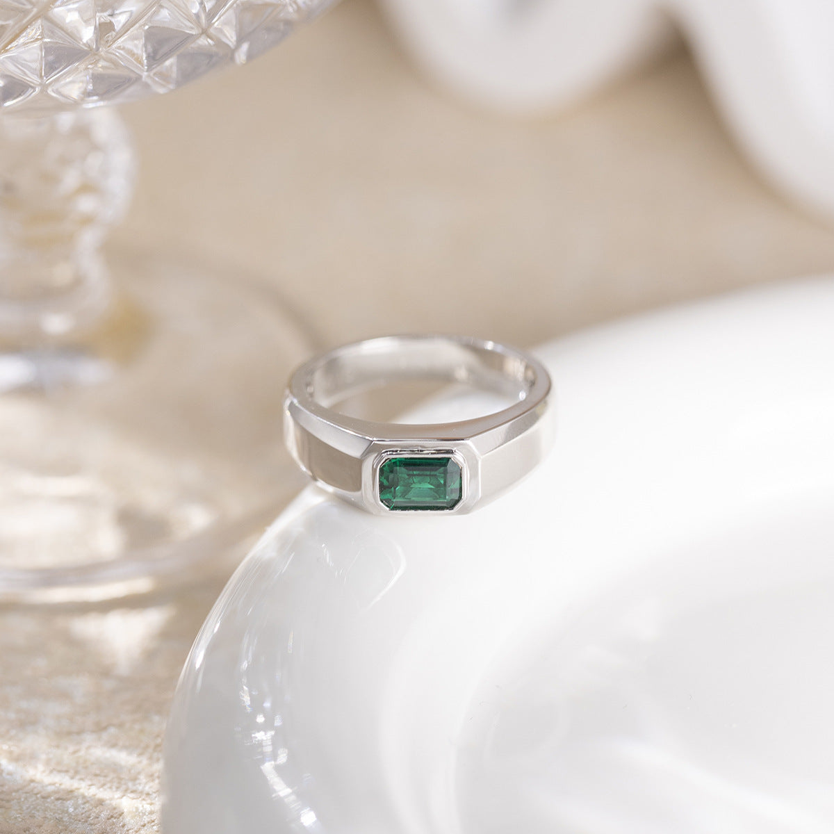 Men’s Rectangular Color Stone Ring, Silver-Tone Signet Style Ring, Green Blue Red Variant product image