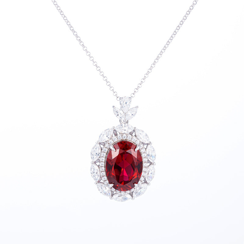 Blue Oval Floral Halo Pendant Necklace with Leaf Cluster Detail product image
