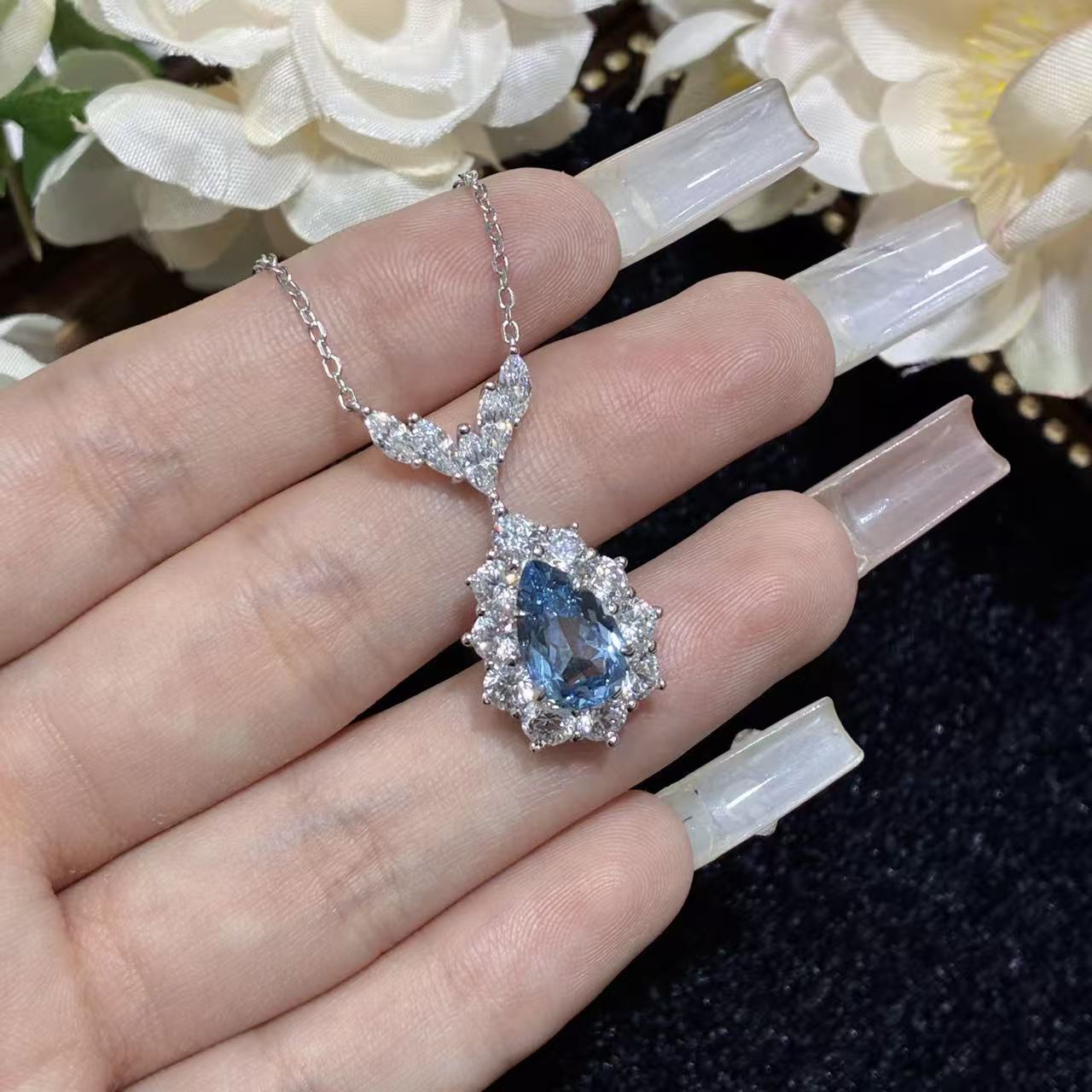 Blue Teardrop Spinel Pendant Necklace, Floral Halo Sparkling Gem Necklace product image