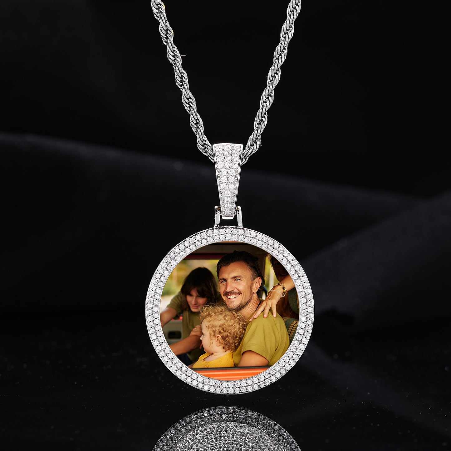 Iced Out Round Photo Pendant Necklace for Men and Women, Geometric Cuban Link Style Chain in Gold, Silver or Rose Gold Tone product image