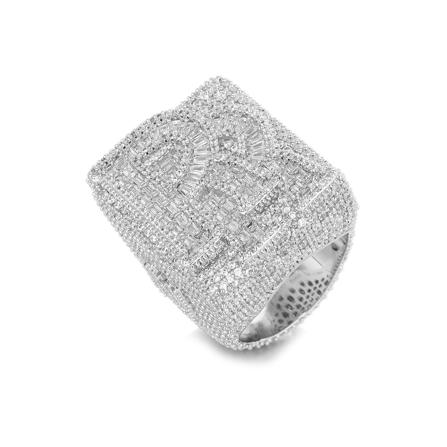 Iced Out R Letter Square Ring, Hip Hop Unisex Statement Ring, Gold and White Gold Tone product image