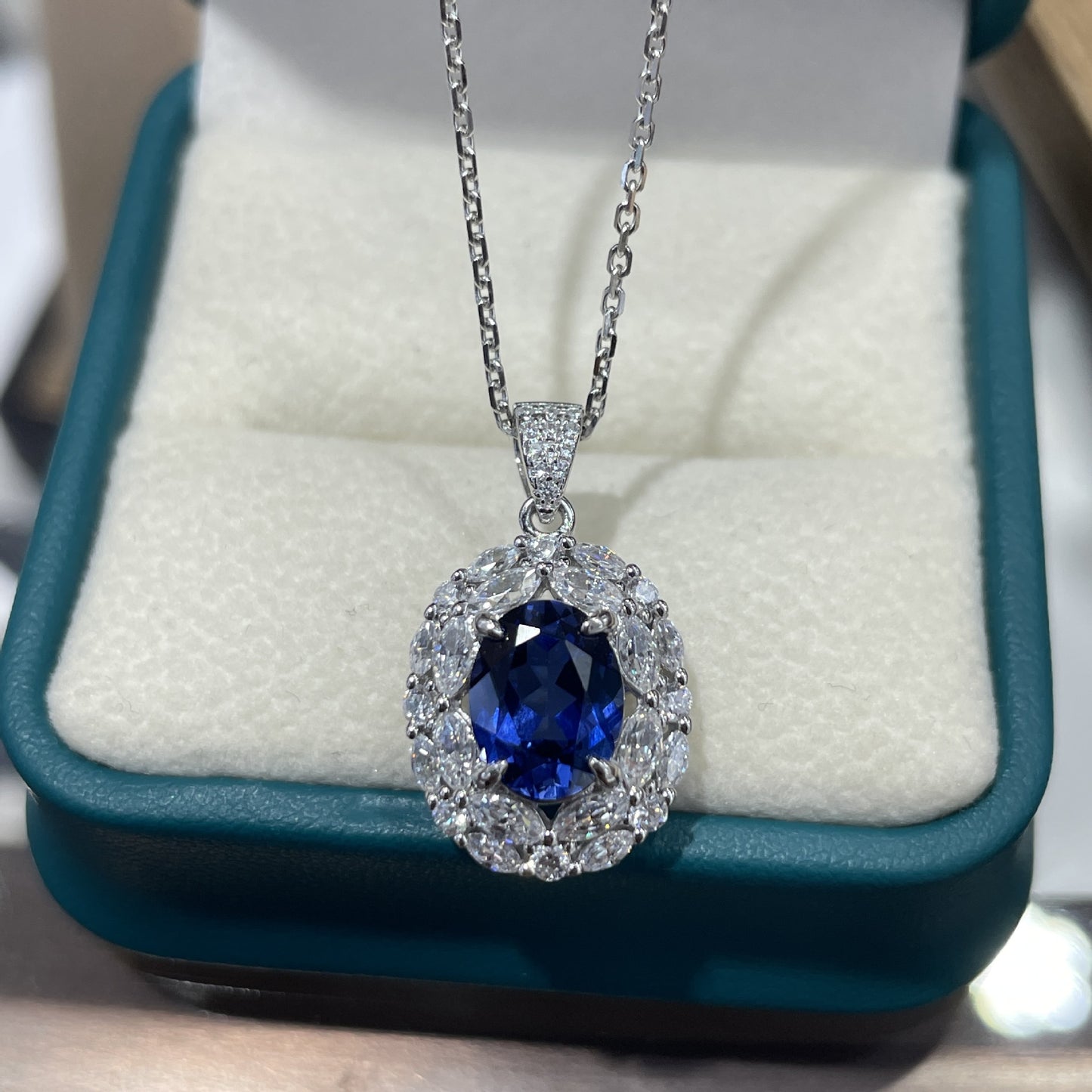 Oval Lab-Grown Colored Gemstone Halo Pendant Necklace for Women product image