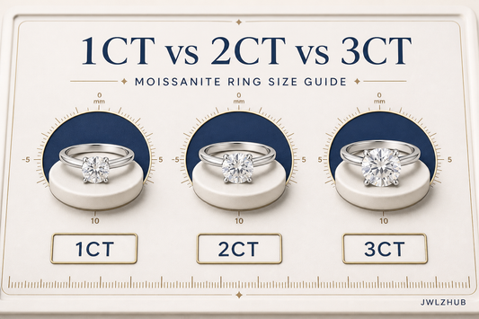 One, two and three carat round moissanite rings compared on a bright blue and ivory measurement board with JWLZHUB branding.
