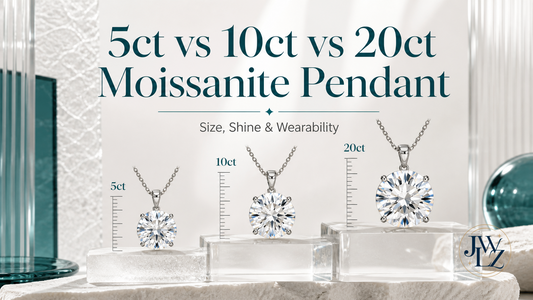 5ct, 10ct and 20ct moissanite pendants compared on bright jewelry display blocks with chain balance notes.