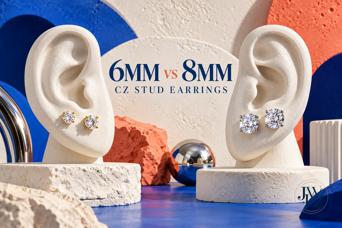 6mm versus 8mm round CZ stud earrings displayed on bright ivory ear forms with cobalt and coral studio shapes.