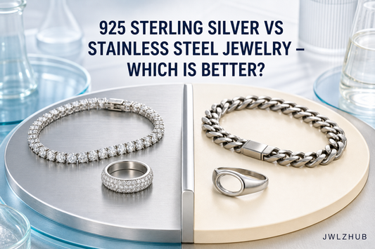 925 sterling silver tennis bracelet and ring compared with a stainless steel Cuban chain and oval ring on a bright jewelry material display.