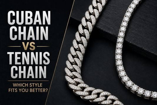 Side-by-side Cuban chain and tennis chain comparison with readable Cuban Chain vs Tennis Chain cover title on a clean dark jewelry background.