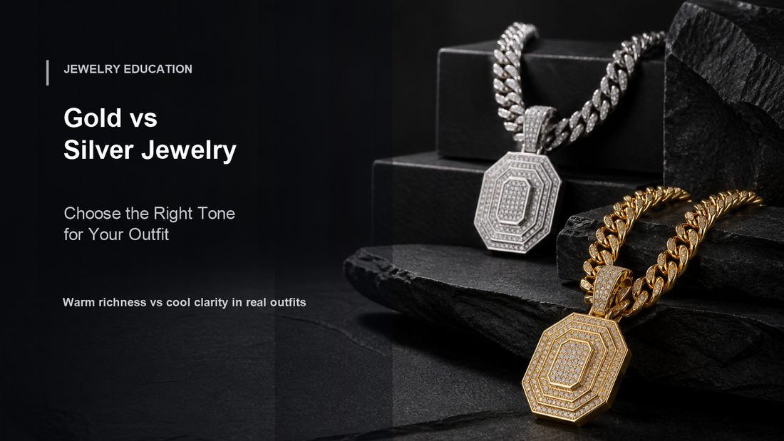 Three-quarter angle gold and silver jewelry cover image with layered depth and readable Gold vs Silver Jewelry title.