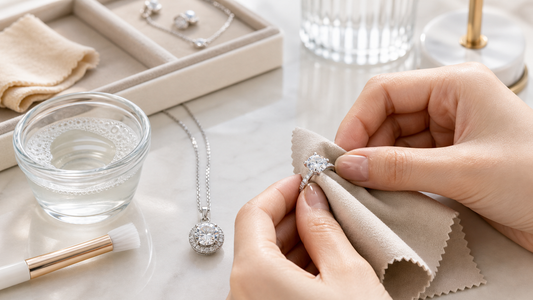 Close-up of hands gently cleaning a moissanite ring and pendant with a soft jewelry cloth on a bright vanity table.