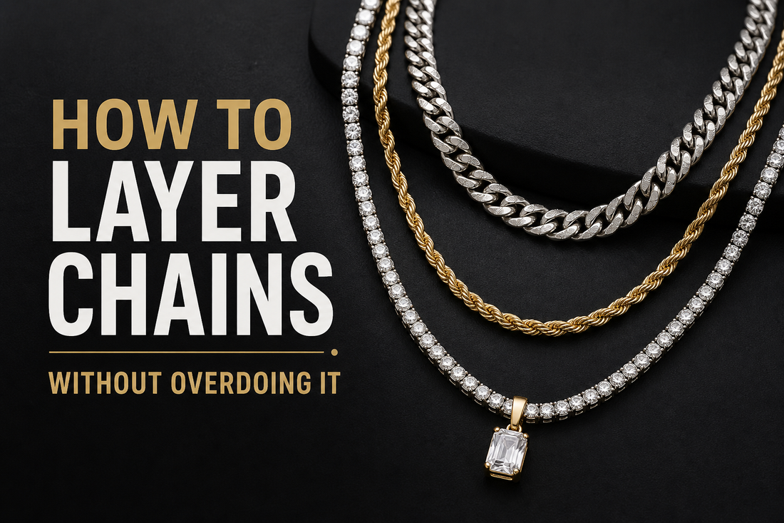 Layered chain styling flat lay with different chain lengths and a readable How to Layer Chains Without Overdoing It cover title on a dark jewelry background.