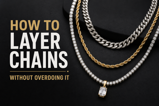Layered chain styling flat lay with different chain lengths and a readable How to Layer Chains Without Overdoing It cover title on a dark jewelry background.