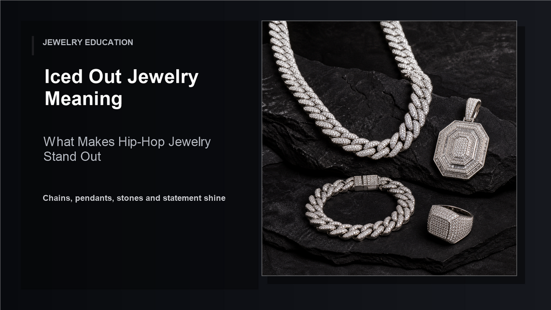 Iced out hip-hop jewelry cover image with diamond-style chains and pendant on a dark background and a readable Iced Out Jewelry Meaning title.