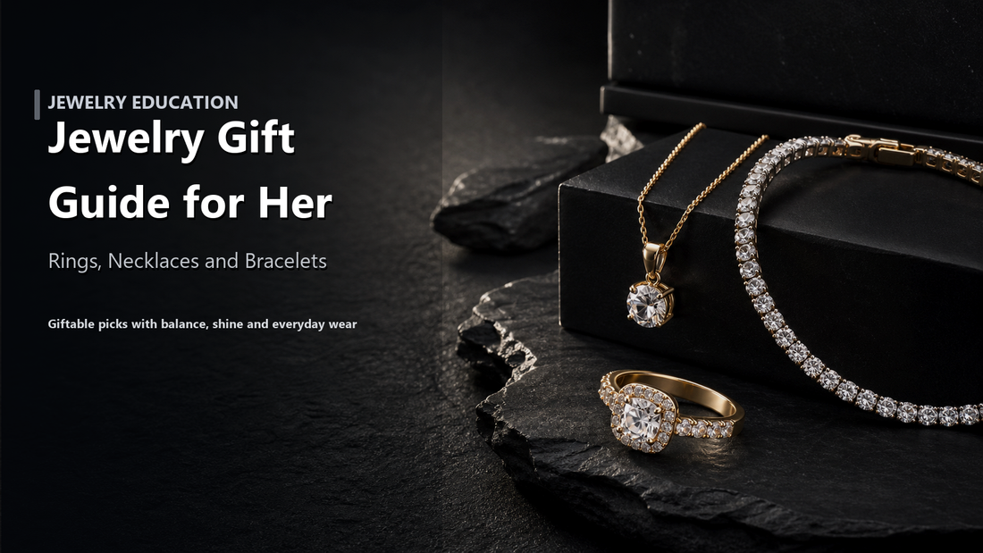 Jewelry gift guide cover image with curated rings, necklaces, and bracelets arranged with depth and a readable Jewelry Gift Guide for Her title.