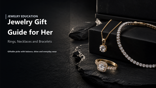 Jewelry gift guide cover image with curated rings, necklaces, and bracelets arranged with depth and a readable Jewelry Gift Guide for Her title.