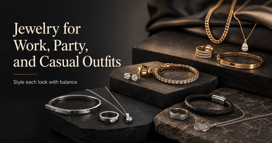 Jewelry styling cover image with curated work, party, and casual jewelry looks and a readable Jewelry for Work, Party, and Casual Outfits title.