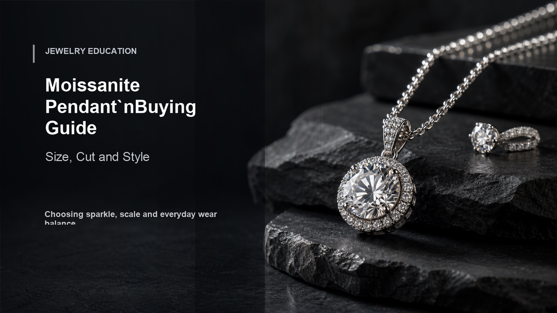 Three-quarter angle moissanite pendant cover image with bright stone detail, layered chain depth, and a readable Moissanite Pendant Buying Guide title.