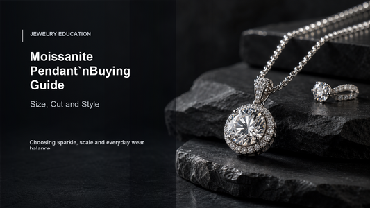 Three-quarter angle moissanite pendant cover image with bright stone detail, layered chain depth, and a readable Moissanite Pendant Buying Guide title.