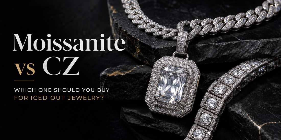 Iced out jewelry comparison cover image with moissanite and CZ chain and pendant styling plus a readable Moissanite vs CZ title.