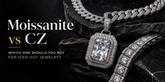 Iced out jewelry comparison cover image with moissanite and CZ chain and pendant styling plus a readable Moissanite vs CZ title.