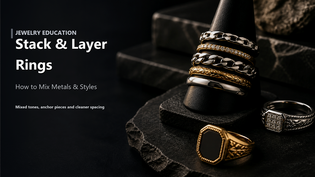 Layered ring styling cover image with stacked gold and silver rings at a three-quarter angle and a readable Stack & Layer Rings title.