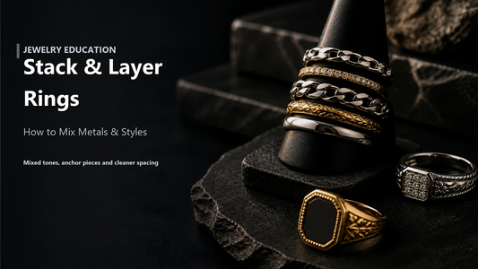 Layered ring styling cover image with stacked gold and silver rings at a three-quarter angle and a readable Stack & Layer Rings title.