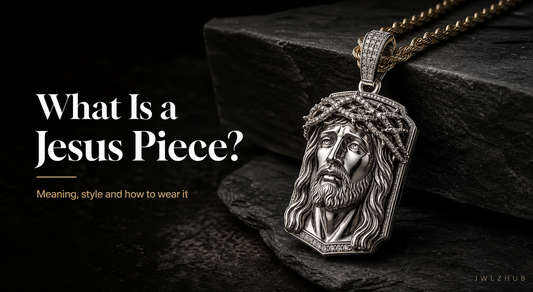 Jesus piece jewelry guide cover image with a detailed pendant and chain plus a readable What Is a Jesus Piece title.