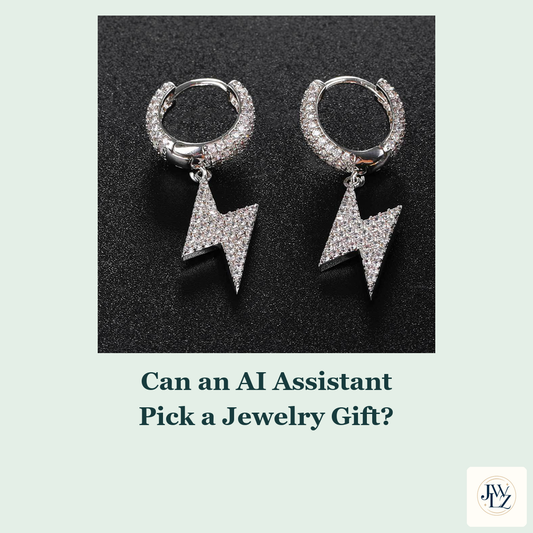 Existing silver-tone lightning earring photograph on a pale green cover titled Can an AI Assistant Pick a Jewelry Gift