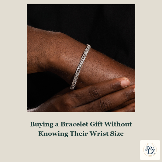 Existing silver-tone stone-set bracelet wrist photo on a warm neutral cover titled Buying a Bracelet Gift Without Knowing Their Wrist Size