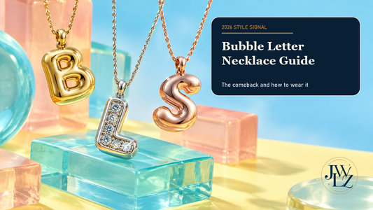 Bubble letter necklace guide with polished gold B, silver stone-set L and rose-gold S pendants on bright aqua, peach and lemon studio blocks.