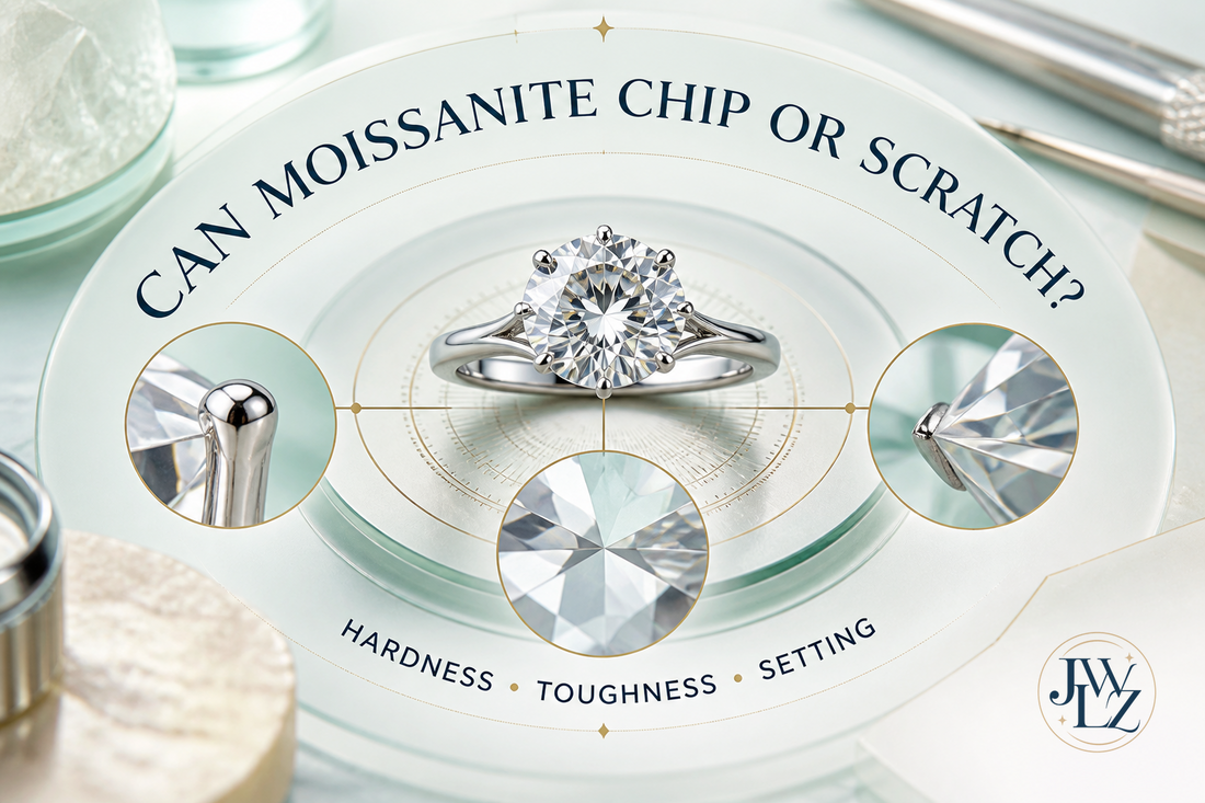 Premium moissanite ring in a bright gem workshop with a close study of protected prongs, exposed edges and scratch resistance.
