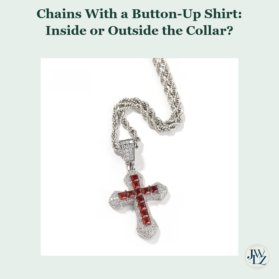 Existing red-stone cross pendant photograph on a green editorial cover titled Chains With a Button-Up Shirt