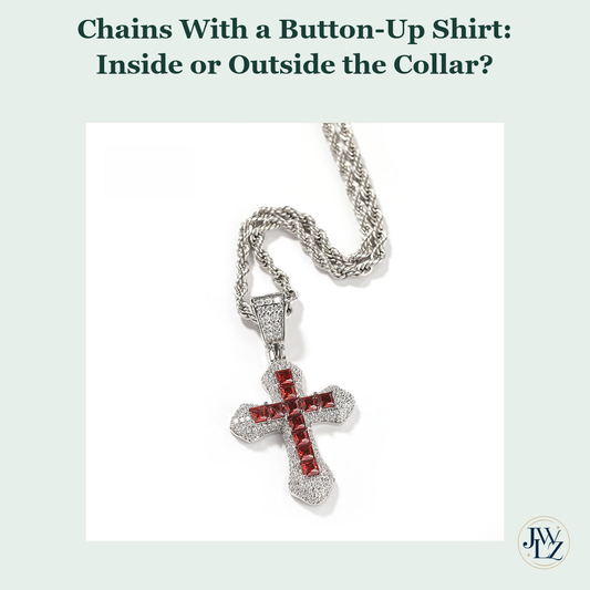 Existing red-stone cross pendant photograph on a green editorial cover titled Chains With a Button-Up Shirt