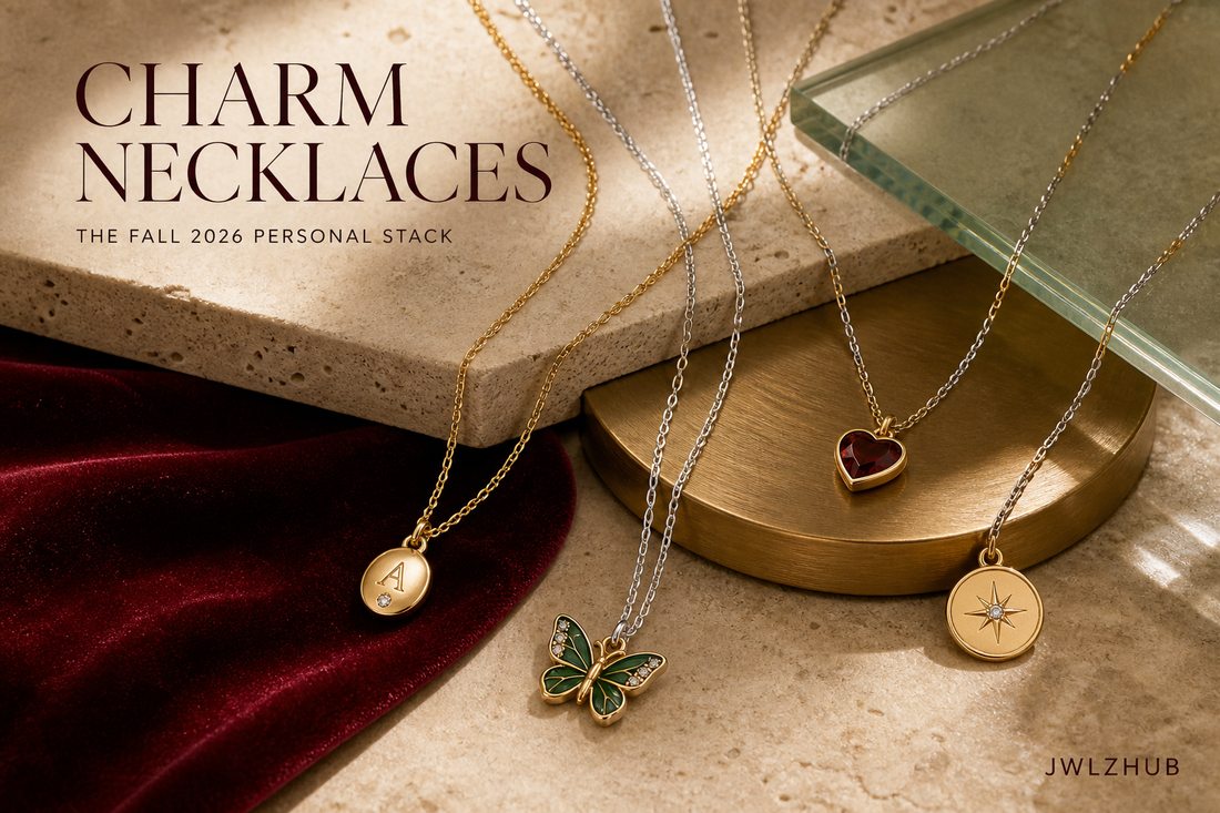 Initial, butterfly, heart and symbolic charm necklaces arranged as a colorful Fall 2026 personal jewelry stack with JWLZHUB branding.
