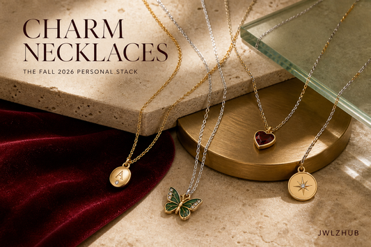 Initial, butterfly, heart and symbolic charm necklaces arranged as a colorful Fall 2026 personal jewelry stack with JWLZHUB branding.