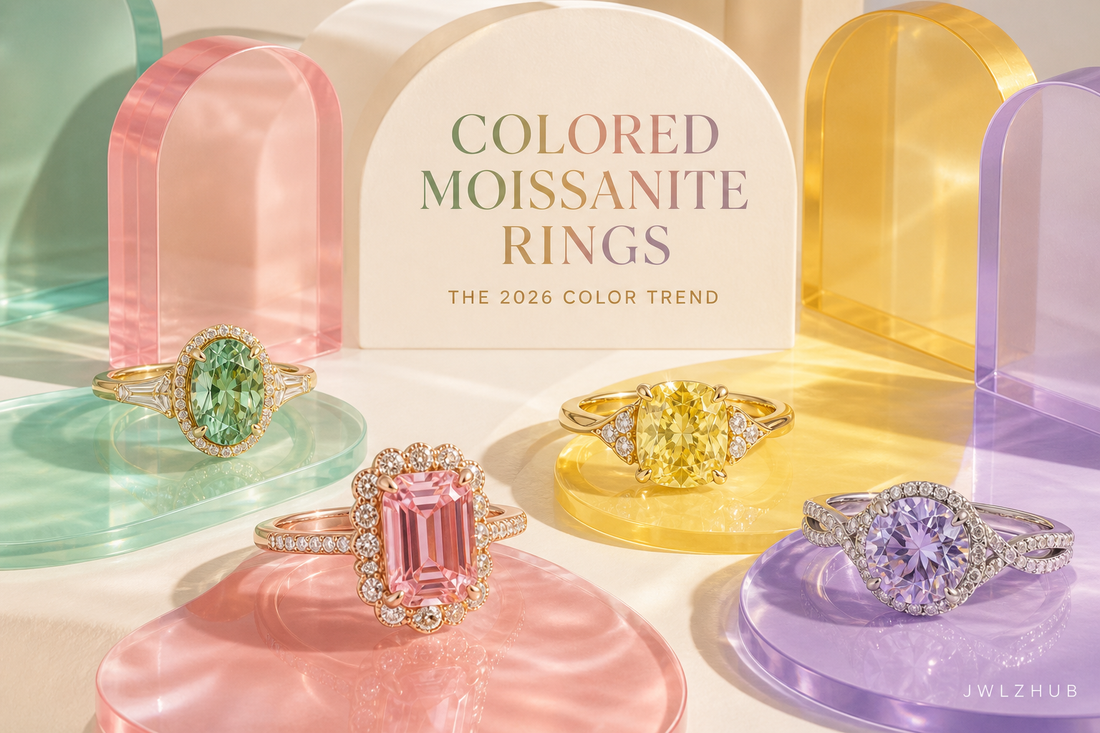 Green, pink, yellow and purple moissanite rings arranged in a colorful gallery display with JWLZHUB branding.
