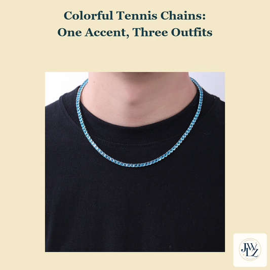 Existing listing photograph of an aqua-colored tennis chain against a black shirt, framed with the article title and JWLZ logo.