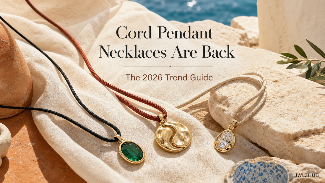 Summer 2026 cord pendant necklace trend cover with sculptural gemstone pendants styled over light linen and a subtle JWLZHUB wordmark.