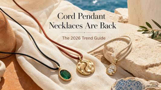 Summer 2026 cord pendant necklace trend cover with sculptural gemstone pendants styled over light linen and a subtle JWLZHUB wordmark.