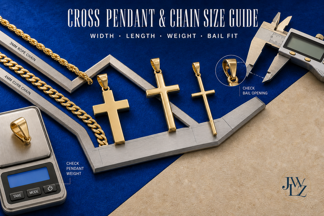 Original cross pendants compared with 3mm and 4mm chains, bail-clearance measurements and length guides on a bright jewelry workbench.