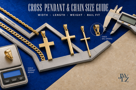 Original cross pendants compared with 3mm and 4mm chains, bail-clearance measurements and length guides on a bright jewelry workbench.