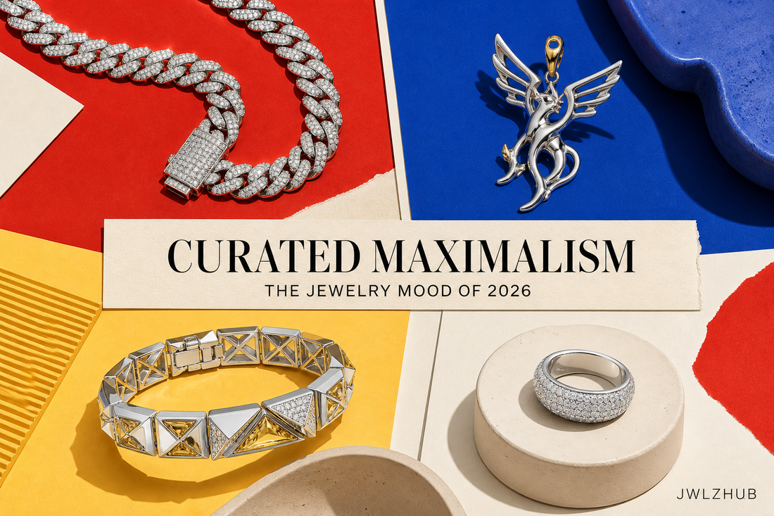 Curated maximalism jewelry cover with a bold chain, dragon pendant, geometric bracelet and statement ring arranged in a colorful editorial grid with JWLZHUB branding.