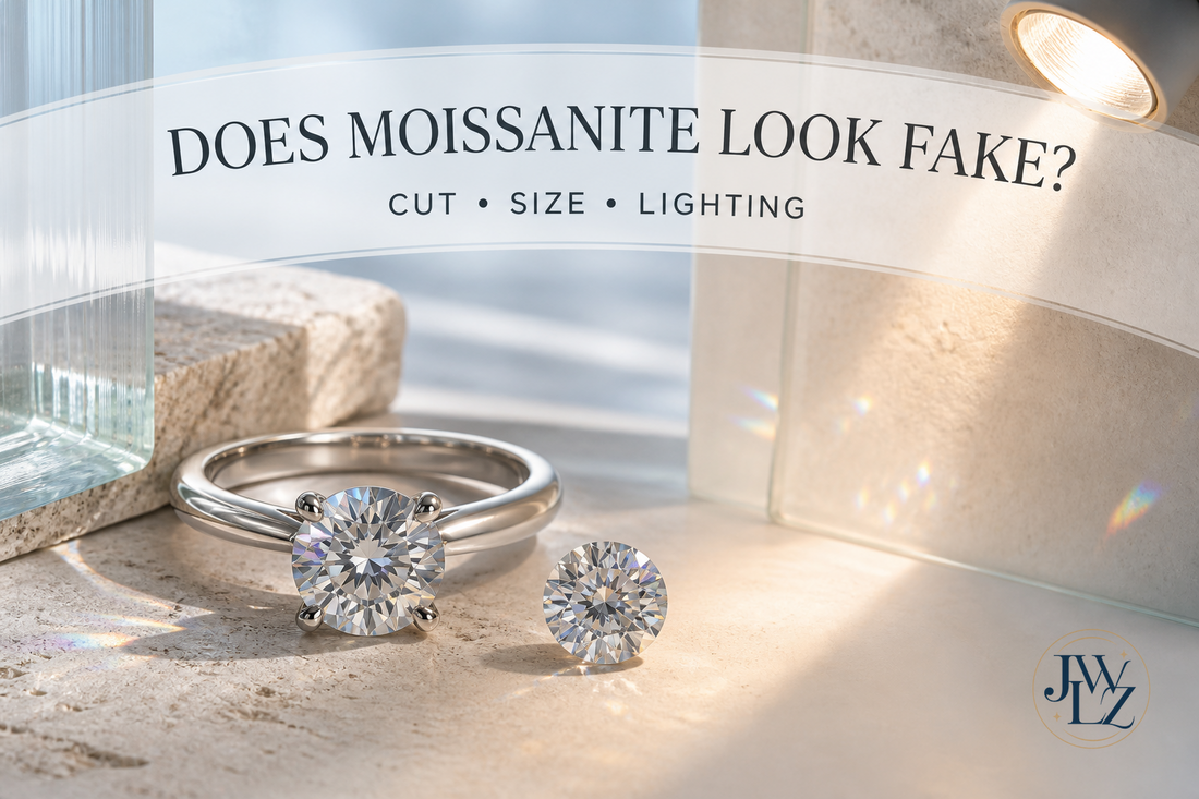 Premium moissanite ring viewed under daylight and warm indoor light with restrained rainbow fire and a cut-facet study.