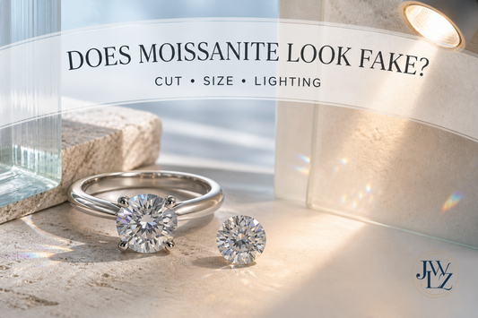 Premium moissanite ring viewed under daylight and warm indoor light with restrained rainbow fire and a cut-facet study.