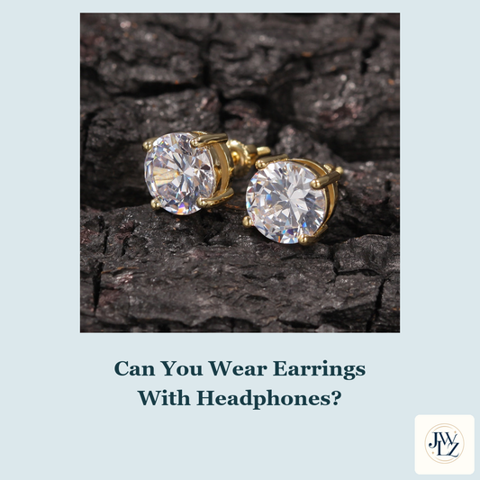 Existing photograph of gold-tone round CZ studs above the article title Can You Wear Earrings With Headphones and a JWLZ logo.