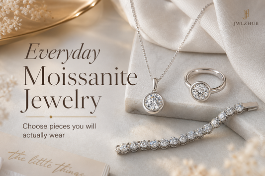 Everyday moissanite jewelry cover image with wearable ring, pendant, and bracelet styling and a readable Everyday Moissanite Jewelry title.