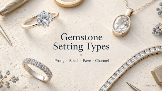 Gemstone setting types guide showing prong, bezel, pavé and channel set jewelry examples on a bright jeweler's workbench.