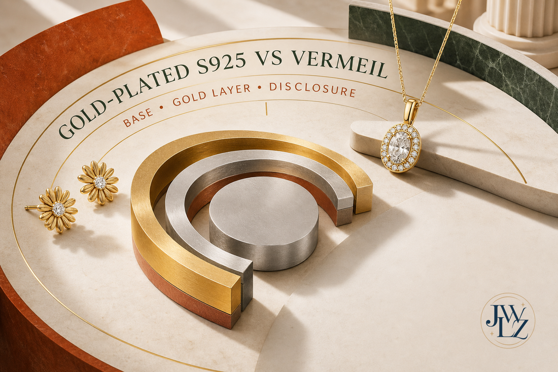 Gold-plated S925 earrings and pendant displayed with layered metal-section forms illustrating base metal, gold layer and disclosure.