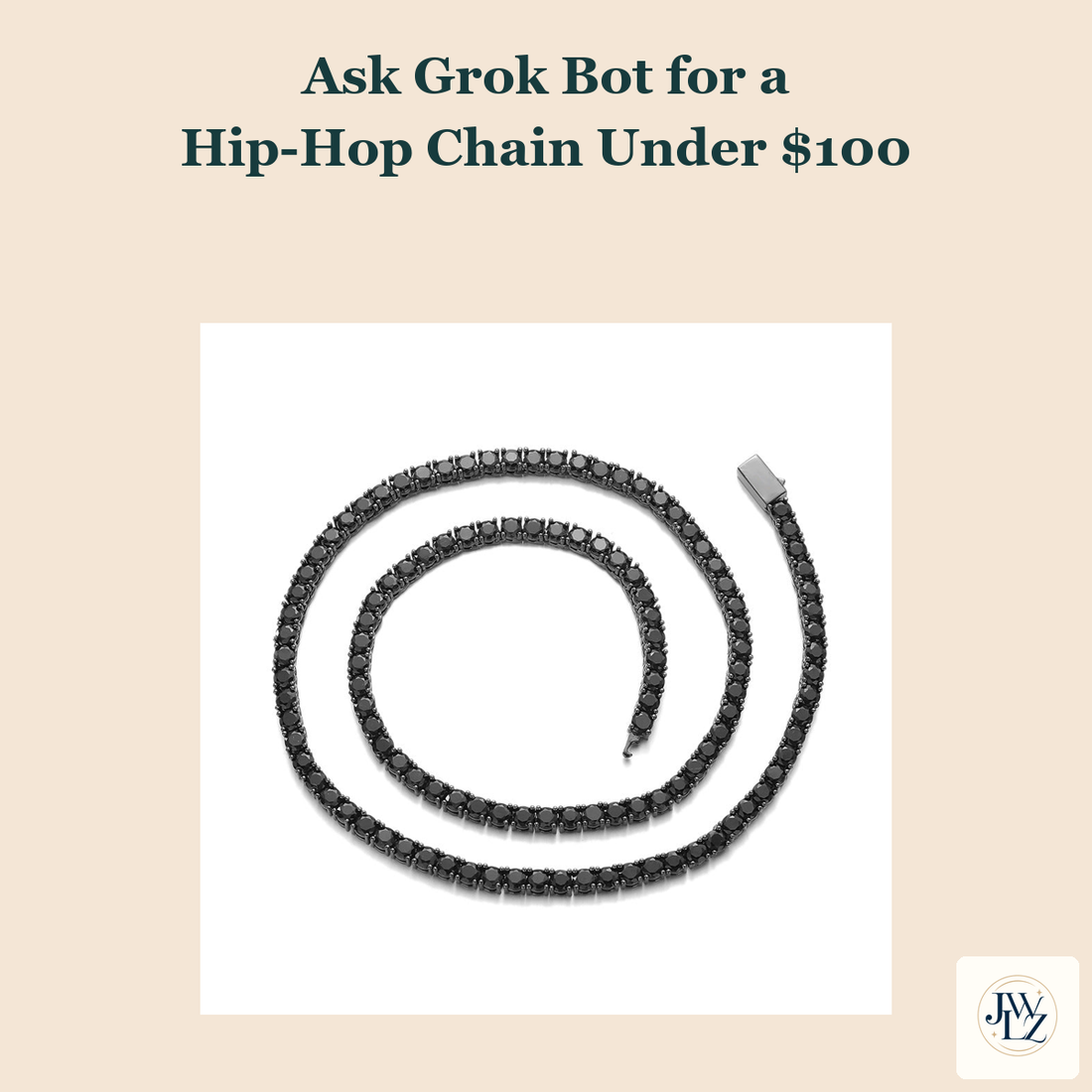 Existing dark tennis necklace photograph on a warm cream cover titled Ask Grok Bot for a Hip-Hop Chain Under $100