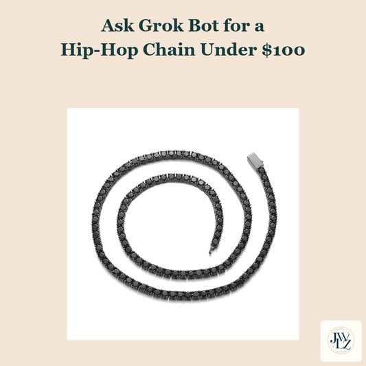 Existing dark tennis necklace photograph on a warm cream cover titled Ask Grok Bot for a Hip-Hop Chain Under $100