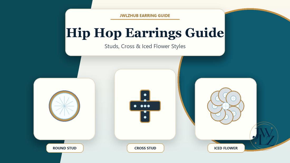 Hip hop earring styling guide with round studs, cross studs and iced flower stud earrings shown on a clean premium jewelry layout.